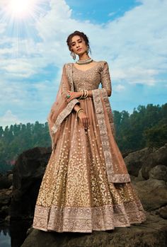 a woman standing on top of a rock wearing a brown lehenga and gold dress