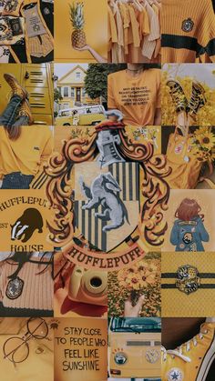 a collage of yellow and black pictures with different things on the top one is an image of a school crest