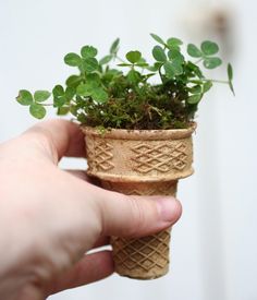 someone is holding an ice cream cone with plants in it and the caption says, i like earthday spring here and it's time to plant flowers