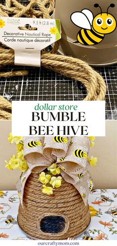 Bee decor seems to be everywhere you look at home stores,  but the bee hives I have seen have been pricey. So I made my own with dollar store materials and the cutest bee ribbon. Get the step-by-step tutorial to make your own bee skep. Bee Ornaments Diy, Diy Bee Hive Decoration, Dollar Tree Bee Hive, Diy Bee Crafts, Bee Skep Diy, Quick And Easy Diy Crafts, Diy Bee Decorations, Diy Bee Decor