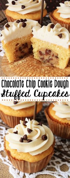 chocolate chip cookie dough stuffed cupcakes with white frosting