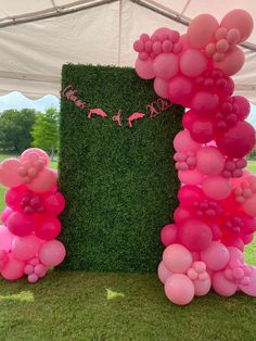 pink and green balloon arch with flamingos on it