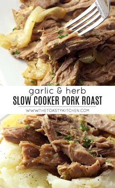 slow cooker pork roast with potatoes and parsley on the side, in a white plate