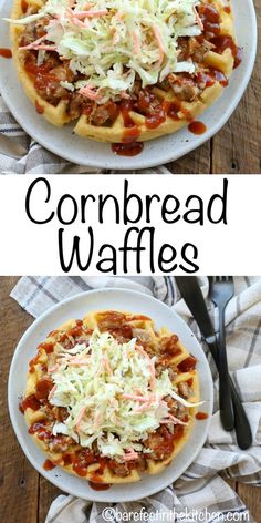 two plates filled with cornbread waffles on top of a wooden table