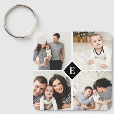 four photos with the letter e on them are shown in this square keychain