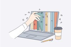 a hand is touching an open laptop with books on the screen and a cup of coffee next to it