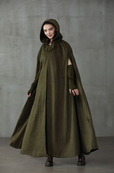 Maxi Hooded Wool Coat Cloak (8 Colors) – Linennaive Winter Outdoor Cape, Green Cape For Fall, Green Hooded Cape For Fall, Green Cape Outerwear For Fall, Hooded Green Cape For Fall, Green Fall Cape Outerwear, Green Winter Cape Outerwear, Green Long Sleeve Winter Cape, Oversized Solid Color Cape Outerwear