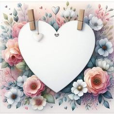 a white heart surrounded by pink and blue flowers with two clothes pins on each side