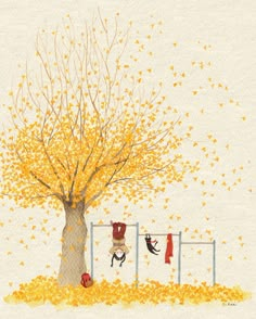 a painting of a tree with yellow leaves on it and clothes hanging from the branches