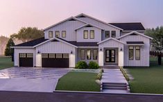 a rendering of a two story house with garages and steps leading up to the front door