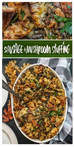 sausage and mushroom stuffing in a white bowl next to other dishes with leaves on the side