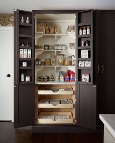 an open pantry with lots of food in it