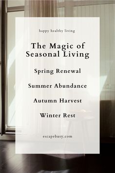 What is seasonal living? Seasonal living promotes a balanced lifestyle that benefits all aspects of health – physical, mental, and spiritual. By tuning into the natural rhythms of the seasons, you create a more harmonious existence. Here are some tips to integrate seasonal living into your daily life. Spring Produce, Living In Harmony, Reflective Journal, Seasonal Changes, Homemaking Tips, Wellness Activities, Bucket Lists