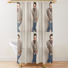 a man with a beard wearing jeans and a button up shirt shower curtain