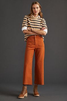 Front Patch Pocket Pants, Funky Smart Casual Women, Color Pants Women, Colette Cropped Wide-leg Pants, Anthropologie Wide Leg Pants, Anthropologie Maeve Pants, Anthropology Work Outfit, Light Orange Pants Outfit, Anthropologie Colette Pants Outfit