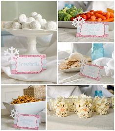 a collage of pictures showing different foods and snacks on the table with snowflakes