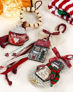 christmas ornaments are laid out on the floor