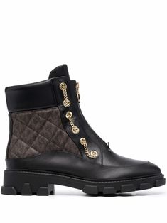 brown/black leather/fabric/rubber monogram pattern round toe flat sole front zip fastening Black Leather Fabric, Michael Kors Boots, Monogram Pattern, Brown Ankle Boots, Shoe Lover, Michael Kors Shoes, Leather Fabric, Black Ankle Boots, Boot Shoes Women