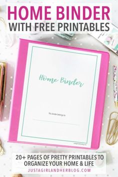 the home binder with free printables on it is surrounded by office supplies