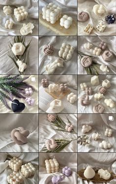 many different pictures of buttons and flowers on a white sheet with text overlaying them