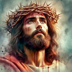 the face of jesus with blood dripping down from his forehead and crown on top of him