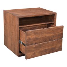 two wooden drawers with one open and the other closed