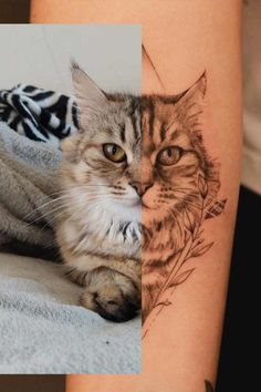 a cat sitting on top of a bed next to a woman's arm with a tattoo