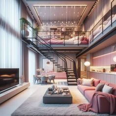 a living room filled with furniture next to a stair case