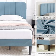 an image of a bed with blue upholstered headboard and foot board options