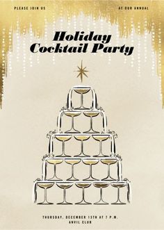 a flyer for a holiday cocktail party with champagne glasses stacked on top of each other