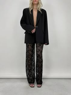 Black Lace Outfit Aesthetic, Black Lace Pants Outfit, Lace Trousers Outfit, Lace Pants Outfit, Black Lace Pants, Lace Trousers, Female Pants, Nye Outfits, Pastel Outfit