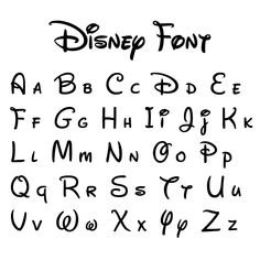 the disney font is drawn in black ink on a white square plate with letters and numbers