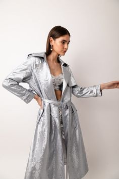 Metallic faux leather with wide lapels and double breasted fastening. pocket/lined/PU/polyester/belt Blouse Tank Top, Bathing Suit Covers, Maxi Dress Party, Outerwear Sweater, Jean Leggings, Skirted Swimwear, Fashion Set, Sweater Jacket, Fashion Boutique