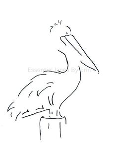 a black and white drawing of a pelican sitting on a post with its beak open