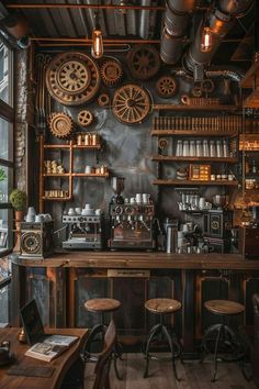 an old fashioned coffee shop with wooden tables and stools