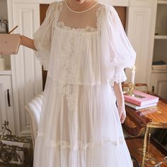 Fairy Spring Summer Mesh Nightgown Princess Sleepwear Women Vintage Lace Round Neck Nightdress