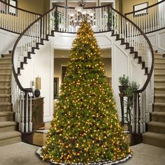 a large christmas tree in the middle of a room with stairs and banisters