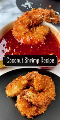 coconut shrimp recipe on a black plate with red sauce in the middle and another dish next to it