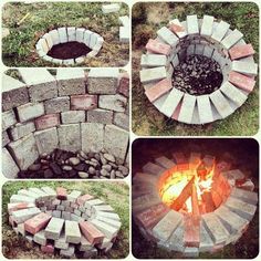 several pictures of a fire pit made out of bricks