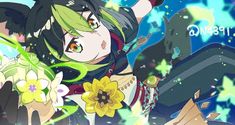 an anime character with green hair holding a flower in her hand and looking at the camera