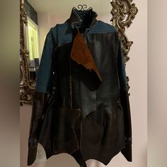 Rustic Leather And Denim Handmade Jacket. One Of A Kind And Definitely A Conversation Piece. Handmade Jacket, Leather And Denim, Leather Jackets, Conversation Piece, Blue Brown, Color Blue, Jackets & Coats, Jackets For Women, Leather Jacket