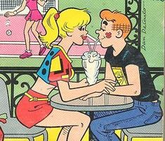 an old comic book with two people sitting at a table and one is drinking milkshake