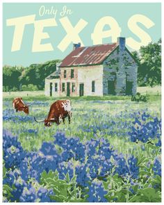 a painting of two cows grazing in a field near a house with texas written on it