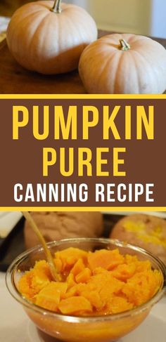 pumpkin puree in a glass bowl with the words pumpkin puree canning recipe above it