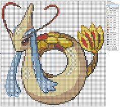 a cross stitch pattern with an image of a dragon holding a flower in it's mouth