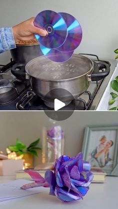 two pictures one shows a pot and the other shows a dvd being used as a flower