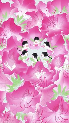 pink flowers with black and white birds in the center