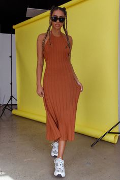 Racerback Dress Outfit, Tan Mules, Brunch Dates, Racerback Dress, Weekend Brunch, Clothing Tags, Iron Material, Knit Midi Dress, Halter Neckline