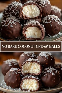 chocolate covered coconut cream balls stacked on top of each other with the words, no bake coconut cream balls