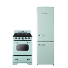 a green stove and refrigerator next to each other